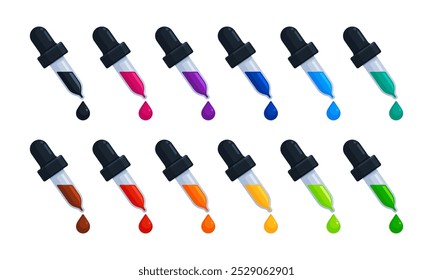 Conjunto de goteros con gotas en negro, rosa, púrpura, azul, verde azulado, verde, amarillo, naranja, rojo y marrón. Pipeta química, concepto de selector de color. Ilustración vectorial plana aislada en un fondo blanco