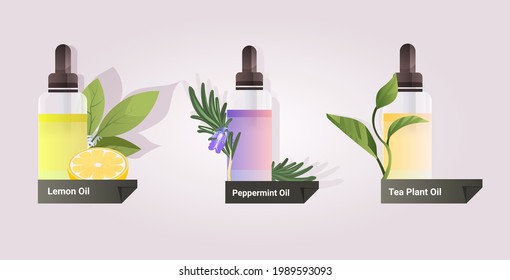 set dropping essential lemon peppermint tea plant oil glass bottles with liquids natural face body beauty remedies concept horizontal