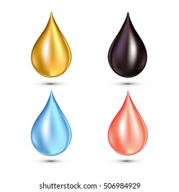 Conjunto de gotas de diferente color. Limpio aislado en blanco. Caída.