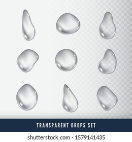 Set of Drops. Liquid clear droplet. Dew on glass surface. vector illustration on transparent background