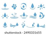 Set of drops silhouettes, raindrops, splash, sea waves, pouring water, spray icons and design elements