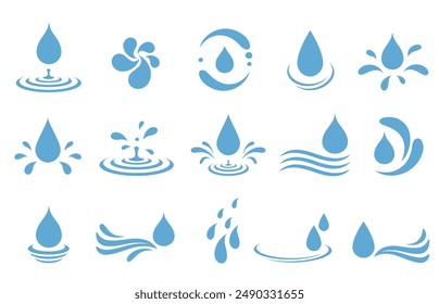 Set of drops silhouettes, raindrops, splash, sea waves, pouring water, spray icons and design elements