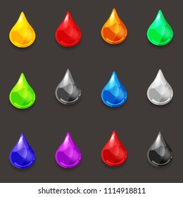 Set of drops of various colors of liquid, vector, cartoon style, illustration, isolated