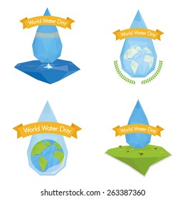 a set of drops of water with different nature elements and ribbons with text