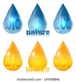 set of drops of yellow and blue on a white background