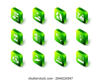 Sequía, Calentamiento global, escape de coches, Bombilla de luz con hoja, fusión de glaciares, pez muerto, turbina eólica e icono de mano de brote. Vector