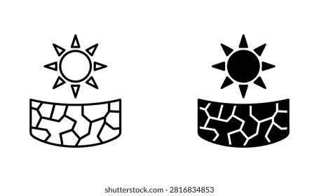 A set of drought icons depicting a hot sun shining over parched, cracked earth, representing climate change, global warming, and environmental desertification concepts.