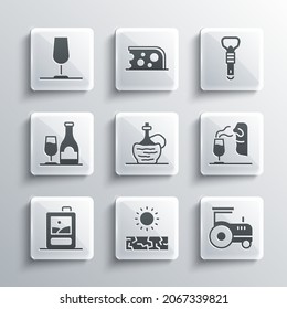 Set Drought, Tractor, Sommelier, Wine in italian fiasco bottle, Cardboard box of wine, with glass,  and Bottle opener icon. Vector