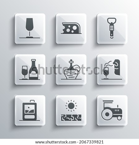 Set Drought, Tractor, Sommelier, Wine in italian fiasco bottle, Cardboard box of wine, with glass,  and Bottle opener icon. Vector