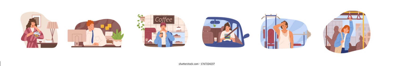 Set of drowsiness people vector flat illustration. Collection of sleepy man and woman at work at office, training at gym, driving car, ride bus, drink coffee or tea isolated. Dozing morning person