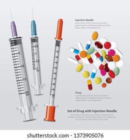 Set of Drug  with Injection Needle Realistic Vector Illustration