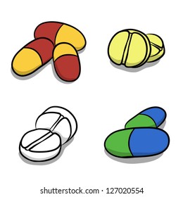 Set of drug tablet and capsule on white background, vector image