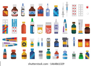 Set of drugs Medicine, pharmacy, pills and medicine bottle, Pills blister with capsule injection needle,Scissors.