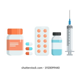 Set of drugs. Pharmacy. Medicine bottle with pills, capsules,  blister with pills, bottle with liquid, syringe. Flat vector illustration 