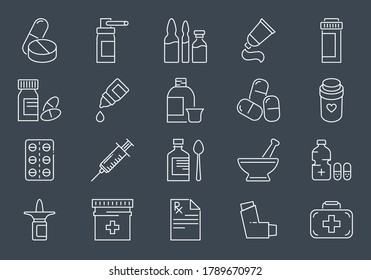 Set of Drugs Related Vector Line Icons. Contains such Icons as Pills, Spray, Syringe, First Aid, Gel, Recipe, Syrup, Pills Tube, Tooth Paste, Capsule, Vitamin, Inhaler, Eye Drops. Editable Stroke.