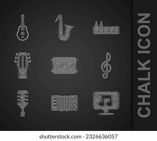 Set Drum, Accordion, Music note, tone, Treble clef, Microphone, Guitar, Sound mixer controller and  icon. Vector