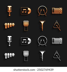 Set Drum, Accordion, Triangle, and drum sticks, Pan flute, Microphone and Vinyl disk icon. Vector