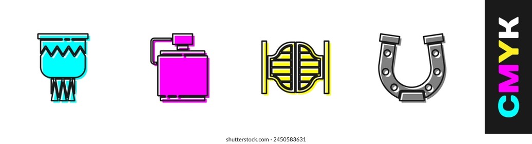 Set Drum, Canteen water bottle, Saloon door and Horseshoe icon. Vector