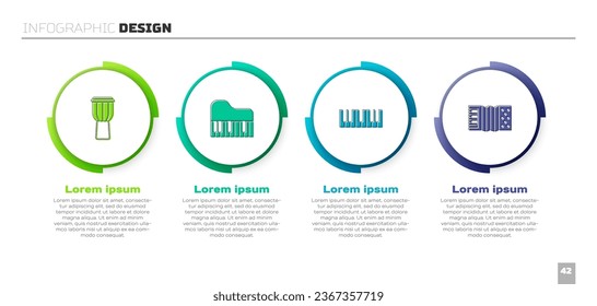 Set Drum, Grand Piano, Music Synthesizer und Accordion. Infografik-Vorlage für Unternehmen. Vektorgrafik