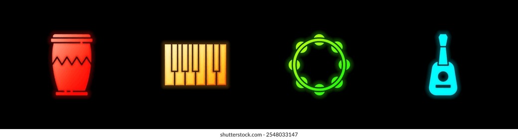 Set Drum, Grand piano, Tambourine and Guitar icon. Vector