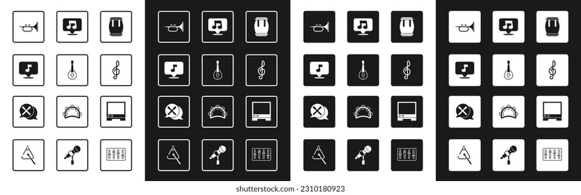 Set Drum, Guitar, Music note, tone, Trumpet, Treble clef, Voice assistant and sticks icon. Vector