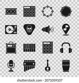 Set Drum, Headphones, Location musical note, Tambourine, Guitar pick, Vinyl player with vinyl disk,  and Speaker volume icon. Vector