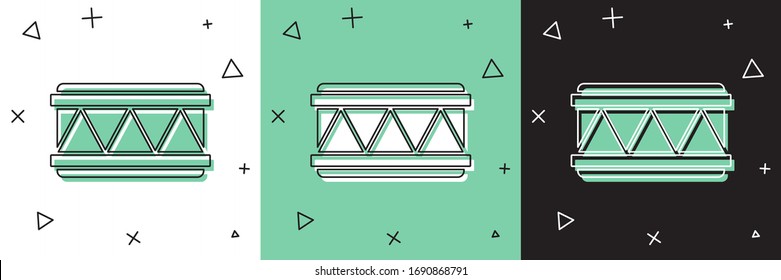 Set Drum icon isolated on white and green, black background. Music sign. Musical instrument symbol.  Vector Illustration