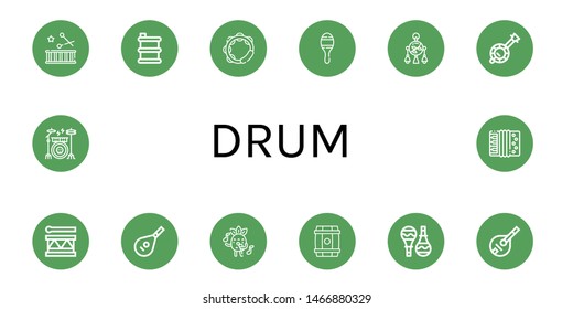 Set of drum icons such as Drum, Barrel, Tambourine, Maracas, Mobile toy, Banjo, Lute, Singing, Mandolin, Drum kit, Accordion ,