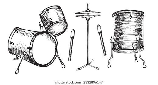 Set of drum kit, drumsticks vector illustration isolated. Musical instrument ink hand drawn. Percussion instrument black white silhouette. Design element for for flyer, events, brochure, poster