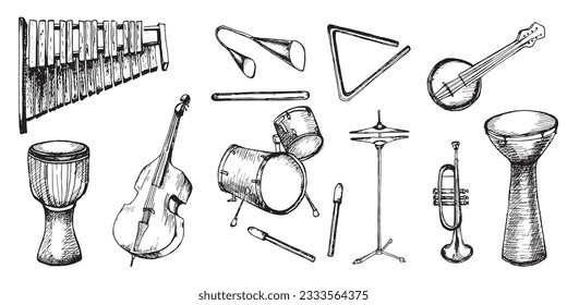 Set of drum kit, drumsticks vector illustration isolated. Musical instrument ink hand drawn. Percussion instrument conga, djembe black white silhouette. Triangle, contrabass, trumpet, banjo