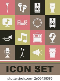 Set Drum, Location musical note, Stereo speaker, Home stereo, Musical, Clarinet and Tambourine icon. Vector
