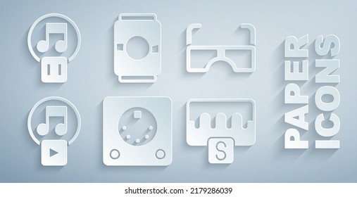 Set Drum machine, Glasses, Play square, Music wave equalizer, Beer can and Pause button icon. Vector