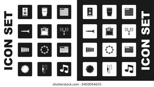 Set Drum machine, Guitar amplifier, Clarinet, Stereo speaker, Musical tuning fork, synthesizer and Xylophone icon. Vector