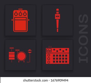 Set Drum machine, Guitar pedal, Microphone and Drums icon. Vector