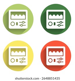 Set Drum machine icon isolated with long shadow background. Musical equipment. Color circle button. Vector