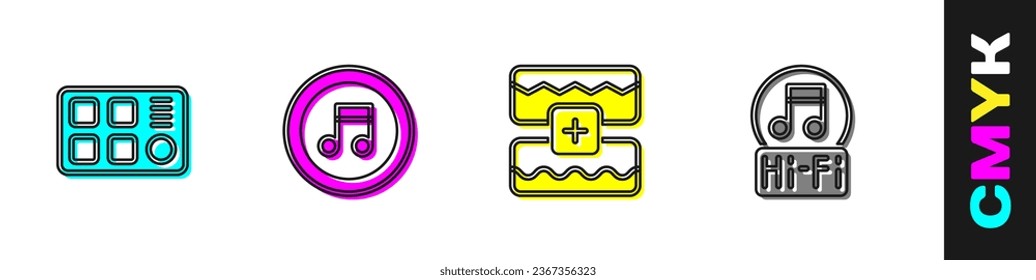 Set Drum machine, Music note, tone, wave equalizer and  icon. Vector