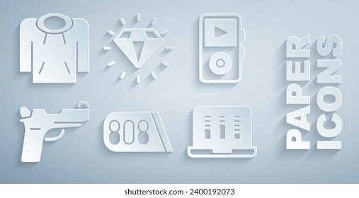 Set Drum machine music, Music player, Pistol or gun, Sound audio recorder, Diamond and Hoodie icon. Vector