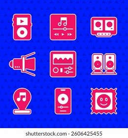 Set Drum machine, Music player, LSD acid mark, Stereo speaker, note, tone, Movie spotlight, DJ remote and mixing music and  icon. Vector