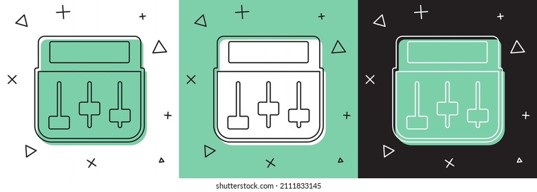 Set Drum machine music producer equipment icon isolated on white and green, black background.  Vector
