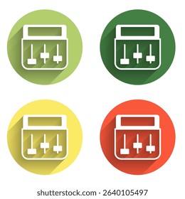 Set Drum machine music producer equipment icon isolated with long shadow background. Color circle button. Vector