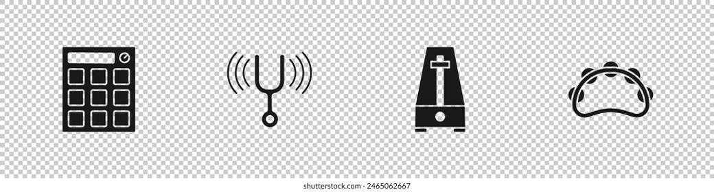 Set Drum machine, Musical tuning fork, Metronome with pendulum and Tambourine icon. Vector