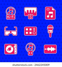 Set Drum machine, Pause button, Music wave equalizer, Microphone, Vinyl player with vinyl disk, Glasses, MP3 file document and note, tone icon. Vector