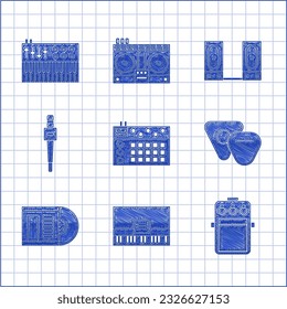 Set Drum machine, Piano, Guitar pedal, pick, Vinyl disk, Microphone, Stereo speaker and Music synthesizer icon. Vector
