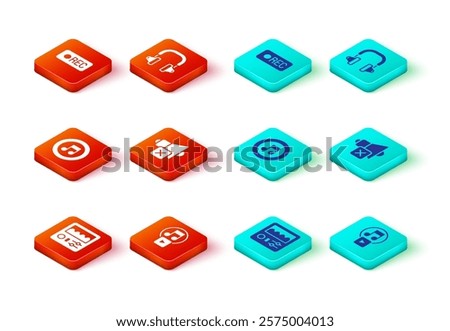 Set Drum machine, Play square, Music note, tone, Speaker mute, Headphones and Record button icon. Vector