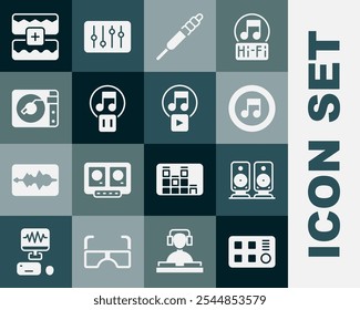 Set Drum machine, Stereo speaker, Music note, tone, Audio jack, Pause button, Vinyl player with vinyl disk, wave equalizer and Play square icon. Vector