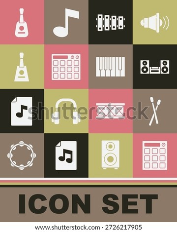 Set Drum machine, sticks, Home stereo, Xylophone, Balalaika, Guitar and Grand piano icon. Vector