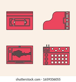 Set Drum machine, VHS video cassette tape, Grand piano and Sound or audio recorder on laptop icon. Vector