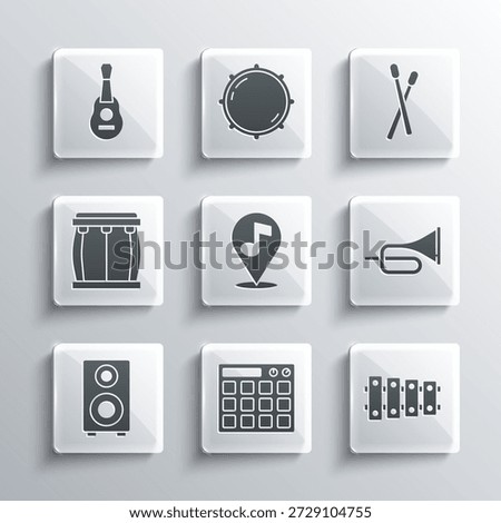 Set Drum machine, Xylophone, Trumpet, Location musical note, Stereo speaker, Guitar and sticks icon. Vector