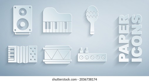 Set Drum, Maracas, Accordion, Sound mixer controller, Grand piano and Stereo speaker icon. Vector