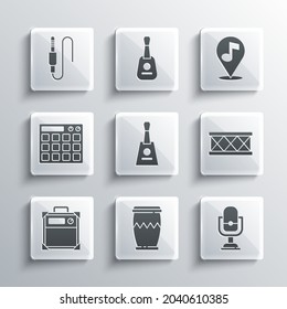 Set Drum, Microphone, Balalaika, Guitar amplifier, machine, Audio jack and Location musical note icon. Vector